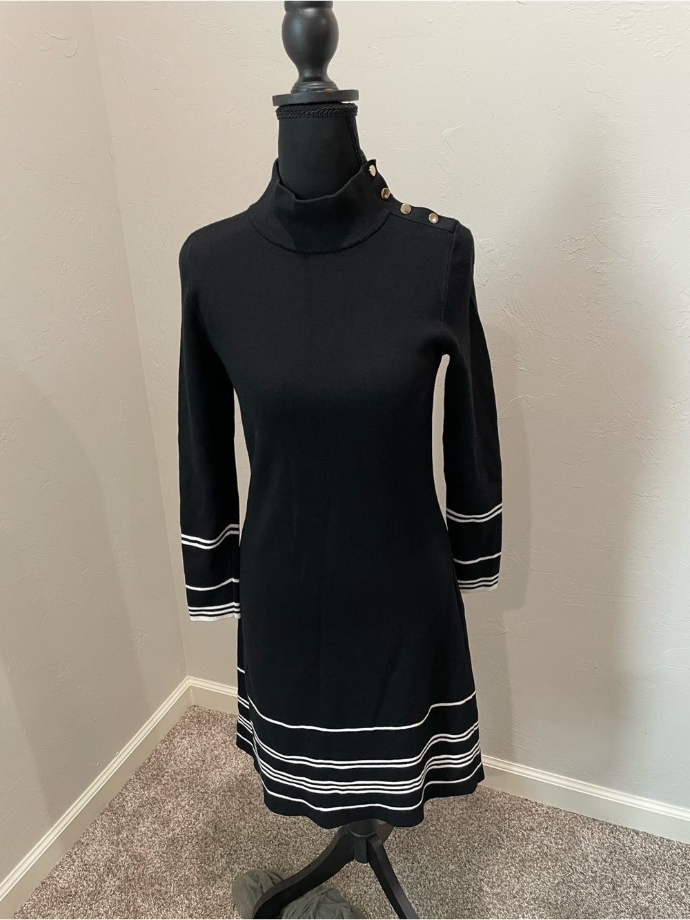 Ann Taylor Black Long-Sleeve Mock Neck Dress with White Stripe Trim